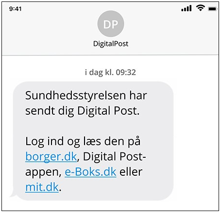 Billedet viser den sms, du kan modtage, når du får ny Digital Post fra en offentlig myndighed