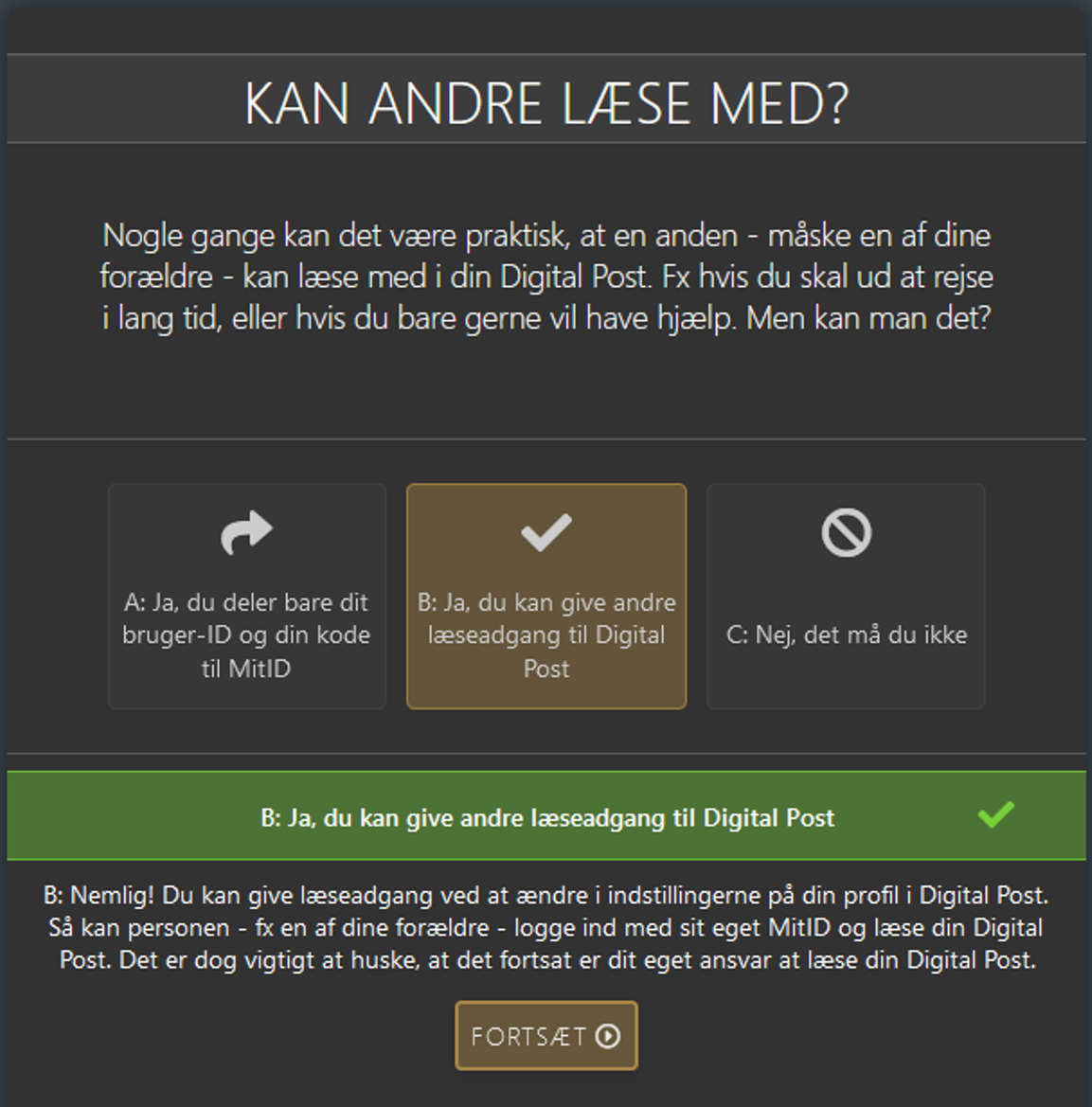 Billedet viser screenshot fra quizmodulet på digitalstart.dk. Hér et spørgsmål om læseadgang til Digital Post.