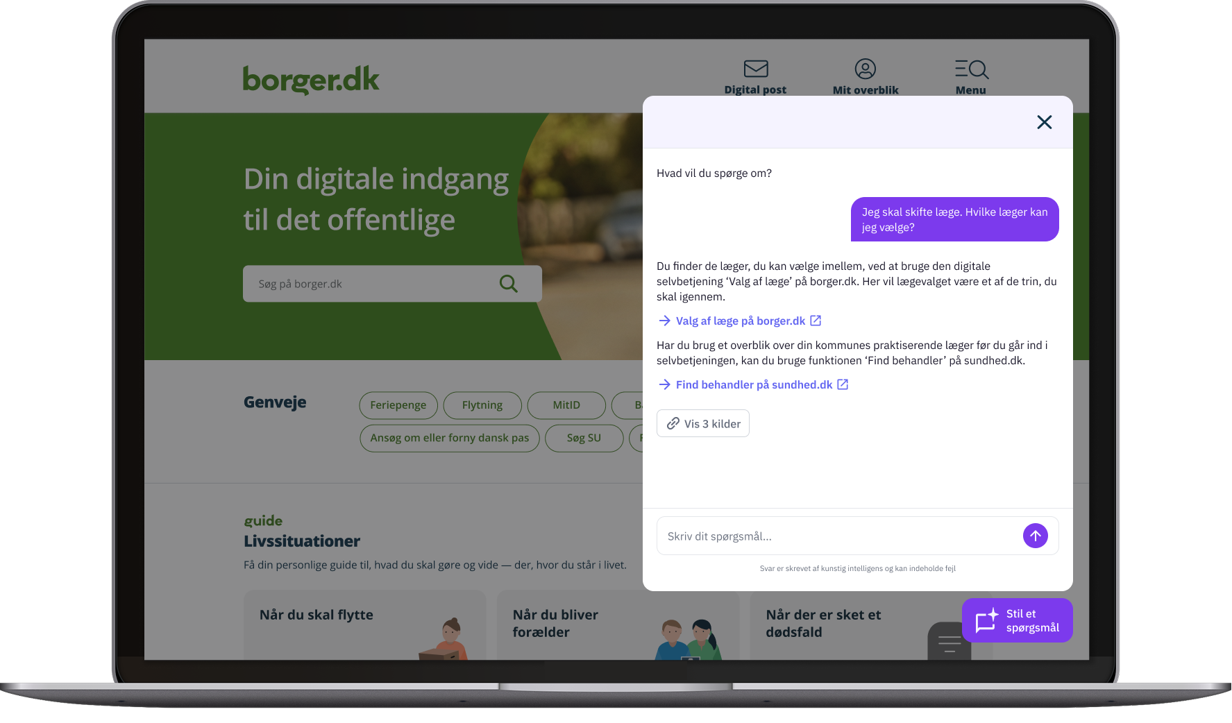 Billede viser en chatbot - altså dialog felt der simulerer menneskelig samtale - der ligger som et element på forsiden af borger.dk
