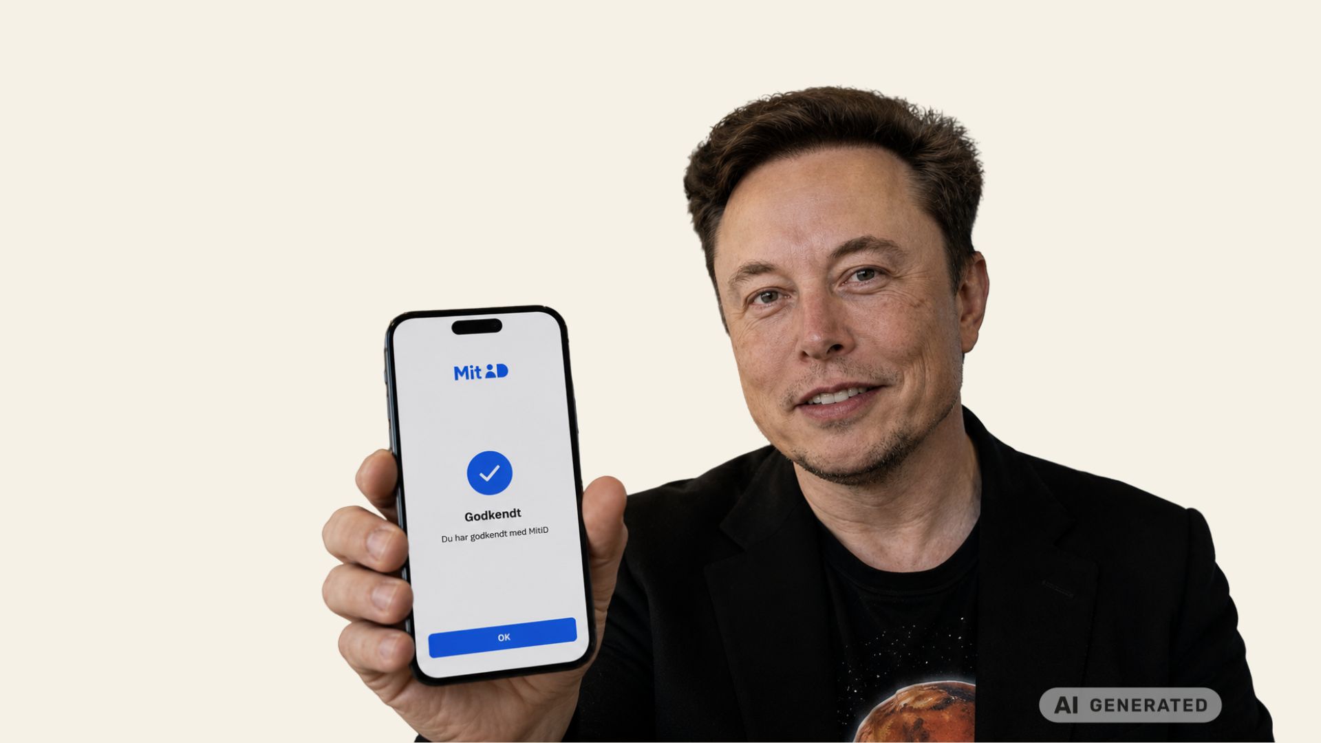 Et AI-manipuleret og genereret billede. Tech-milliardæren Elon Musk holder en smartphone op, hvor han lige har brugt MitID