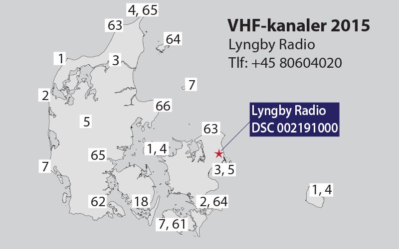 Danmarkskort over VHF-kanaler