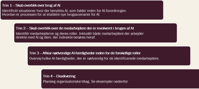 Trin 1 Skab overblik over brug af AI Identificér situationer hvor der benyttes AI, som falder inden for AI-forordningen. Hvordan er processen for at etablere nye brugsscenarier for AI Trin 2  Skab overblik over medarbejdere der er involveret i brugen af AI Identifér medarbejderne og deres roller. Inkludér både medarbejdere der arbejder direkte med AI og dem der indirekte berøres heraf Trin 3  Afklar nødvendige AI-færdigheder inden for de forskellige roller. Trin 4 Eksekvering  Planlæg organisatoriske tiltag