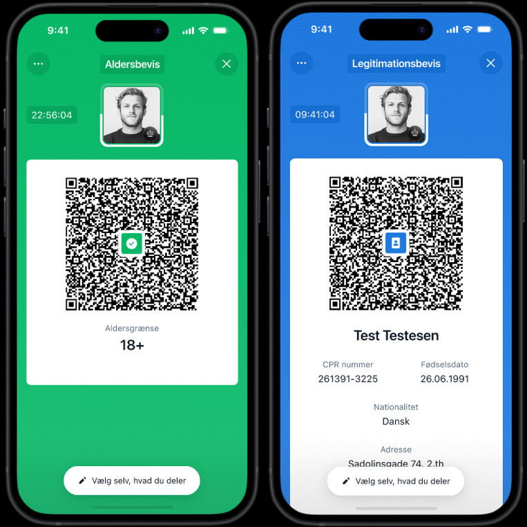 Billede viser et bud på hvordan brugergrænsefladen kommer til at se ud i den nye statslige app, der rummer borgernes identitet. På billedet ser man eksempel på, hvordan billedet på en telefon ser ud, for en borger, der i en brugssituation viser sin legitimation fx alder via en QR-kode.