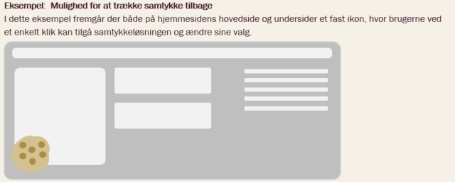 Mulighed for at trække samtykke tilbage
I dette eksempel fremgår der både på hjemmesidens hovedside og undersider et fast ikon, hvor brugerne ved et enkelt klik kan tilgå samtykkeløsningen og ændre sine valg. 
