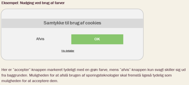 Her er ”accepter”-knappen markeret tydeligt med en grøn farve, mens ”afvis”-knappen kun svagt skiller sig ud fra baggrunden. Muligheden for at afslå brugen af sporingsteknologier skal fremstå ligeså tydelig som muligheden for at acceptere dem.  