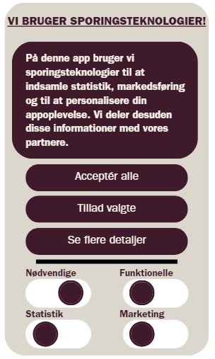 På denne app bruger vi sporingsteknologier til at indsamle statistik, markedsføring og til at personalisere din appoplevelse. Vi deler desuden disse informationer med vores partnere.