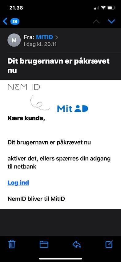 Screenshot af phishingmail omhandlende MitID brugernavn ændring.