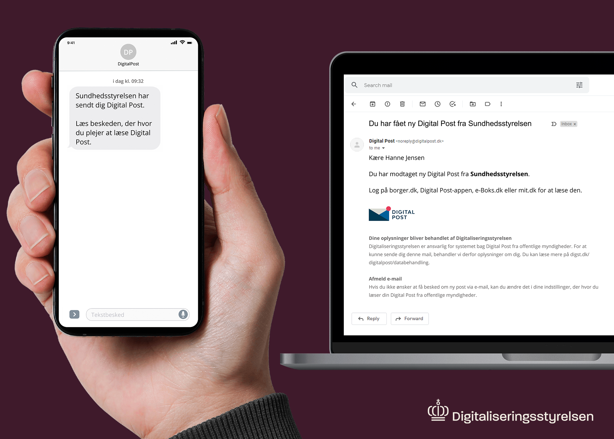 På billedet ses sms&apos;en man kan modtage som borger, når man får ny Digital Post fra en offentlig myndighed